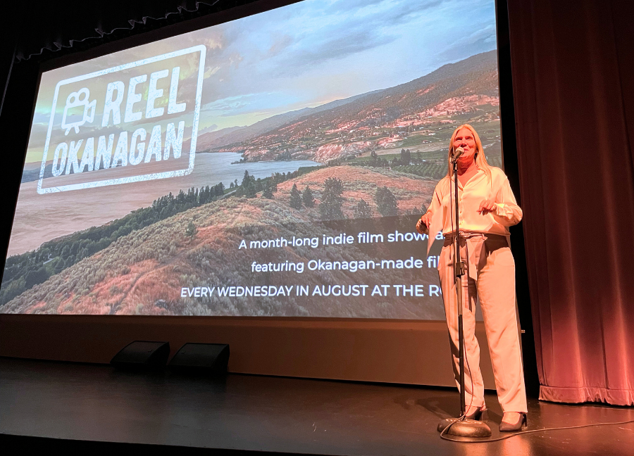 Rotary Centre for the Arts, Executive Director on stage giving a talk before the screening of Eddy's Kingdom.